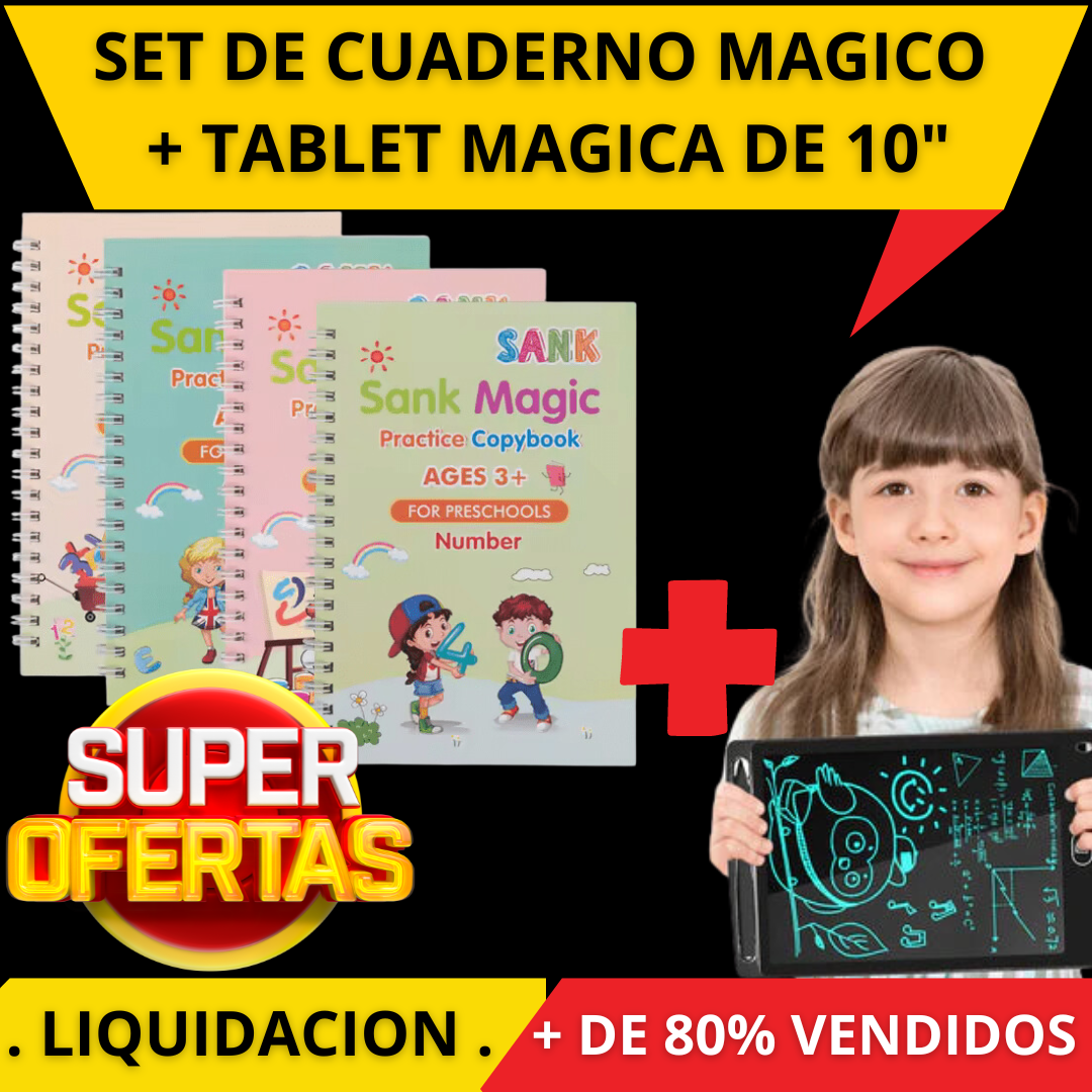 SET CUADERNO MAGICO (4 Cuadernos + Lapicero Magico) + TABLET MAGICA DE 10"